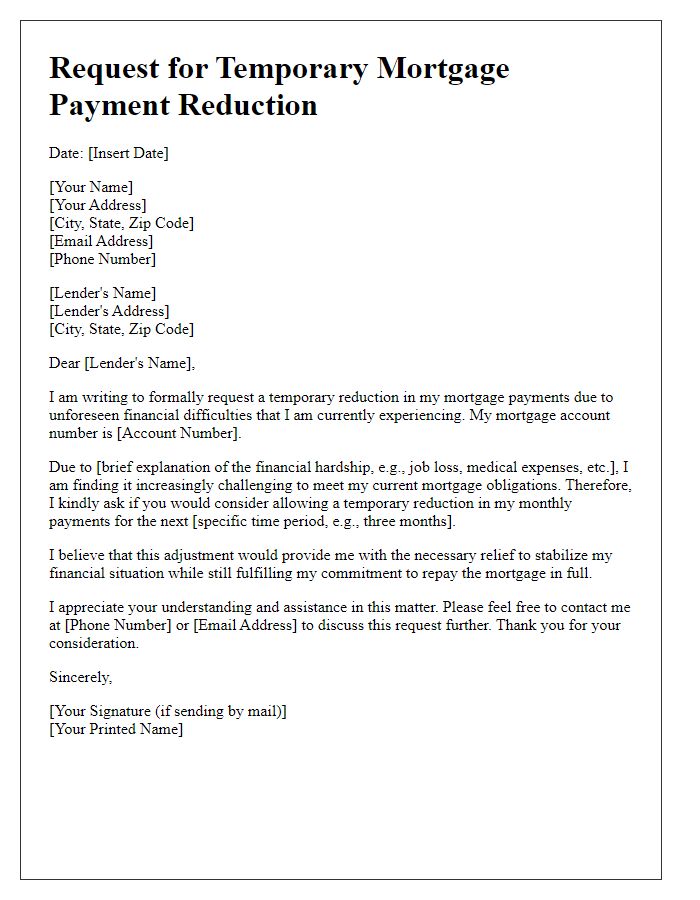 Letter template of request for temporary mortgage payment reduction