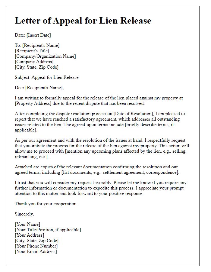 Letter template of appeal for lien release after dispute resolution.