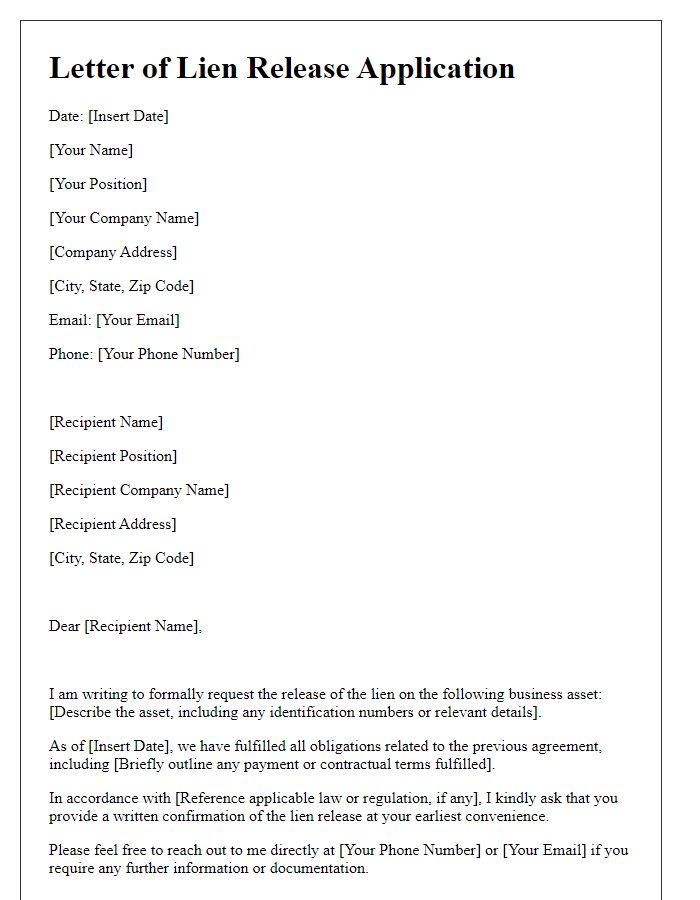 Letter template of lien release application for business asset.