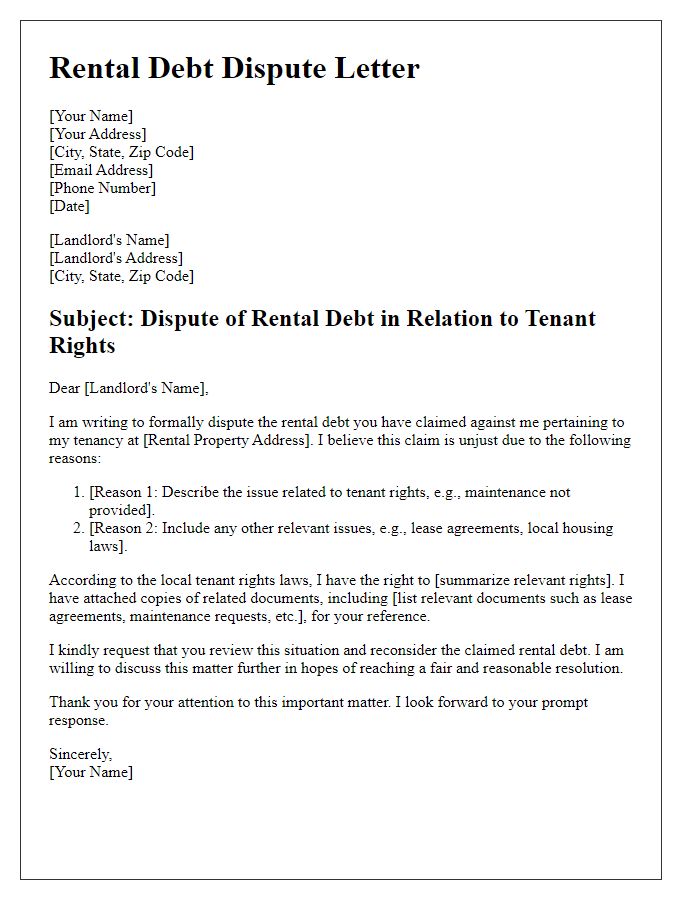 Letter template of rental debt dispute concerning tenant rights.