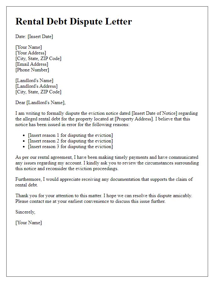 Letter template of rental debt dispute due to eviction notice.