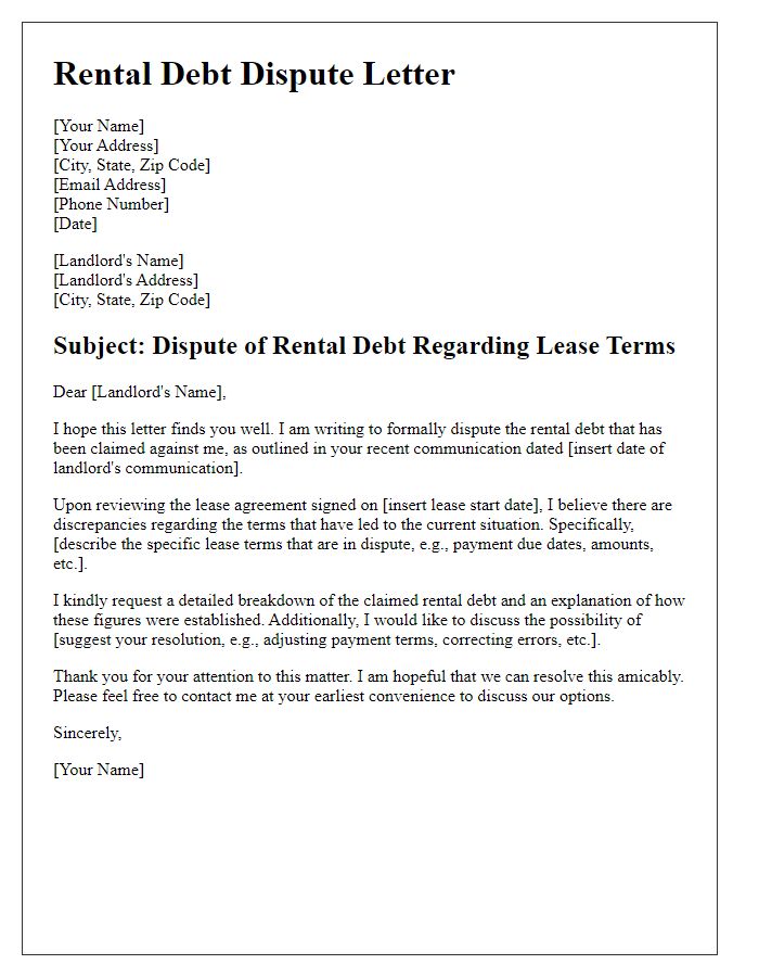 Letter template of rental debt dispute regarding lease terms.