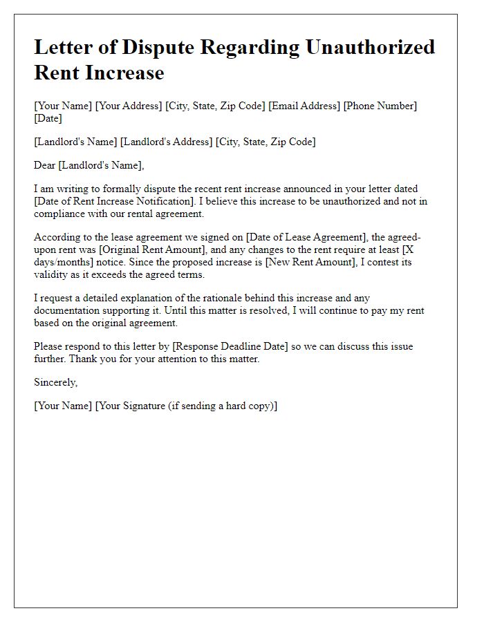 Letter template of rental debt dispute for unauthorized rent increase.