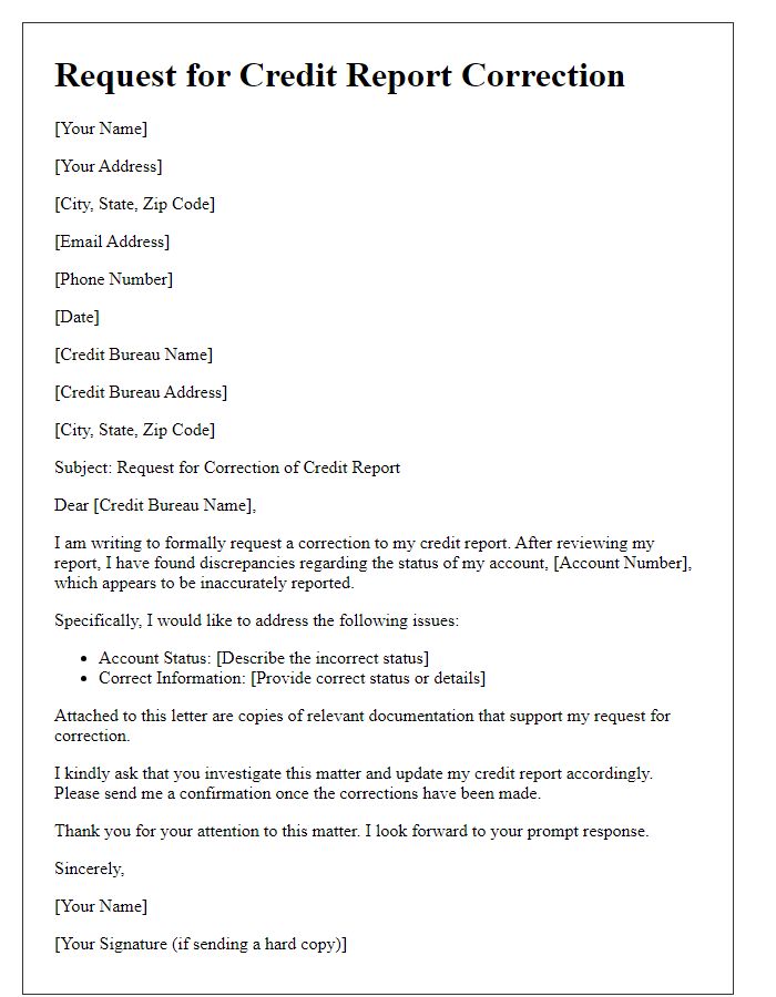 Letter template of credit report correction request for account status updates