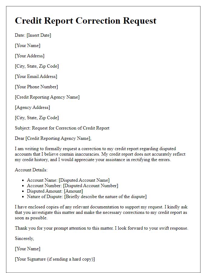 Letter template of credit report correction request for disputed accounts