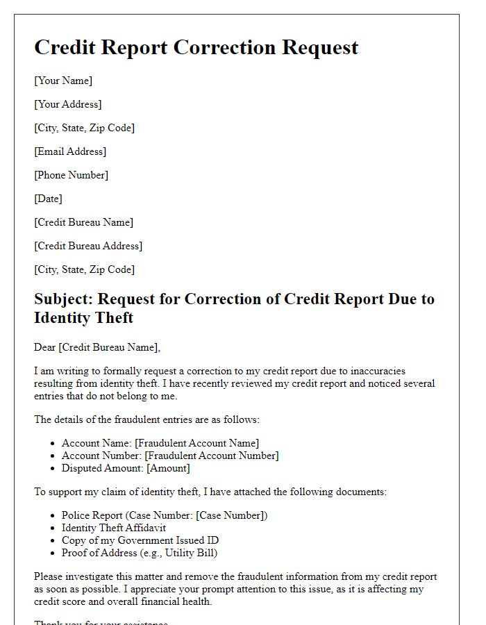 Letter template of credit report correction request for identity theft claims