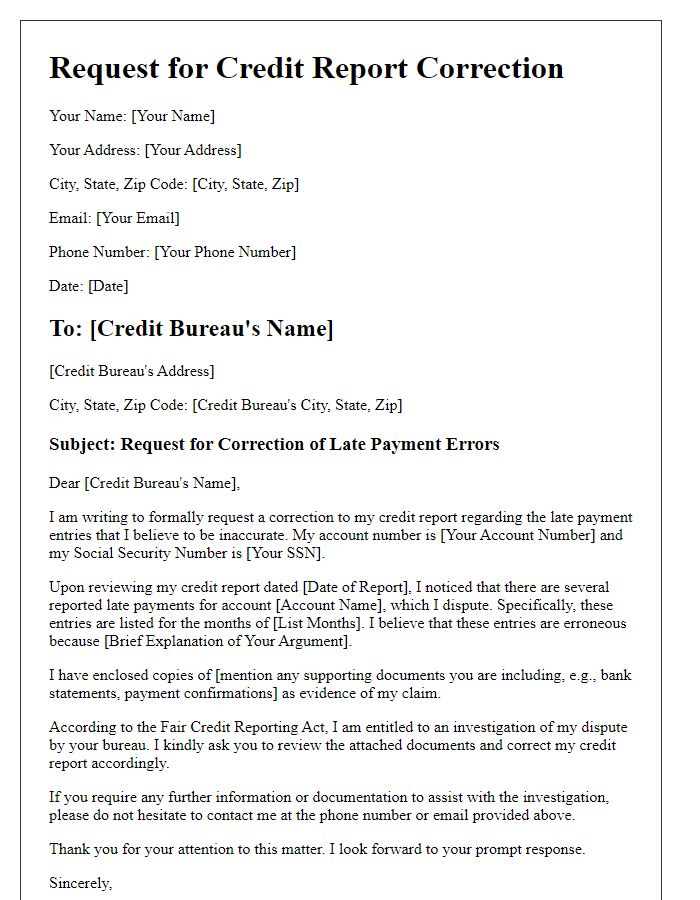 Letter template of credit report correction request for late payment errors