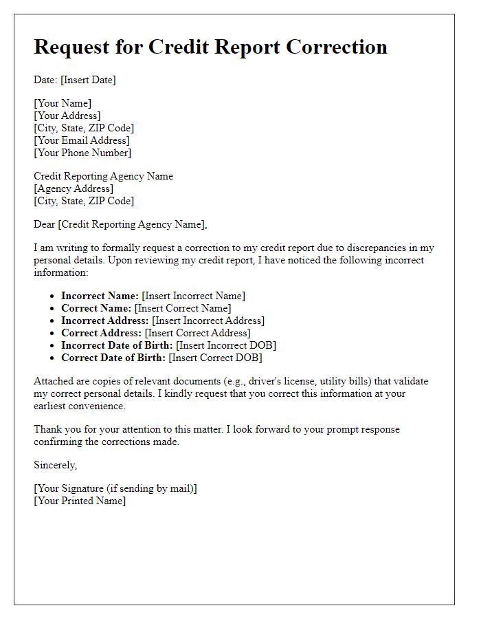 Letter template of credit report correction request for wrong personal details