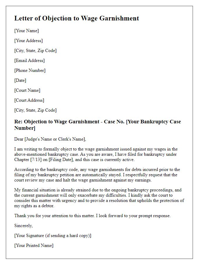 Letter template of objection to wage garnishment for an active bankruptcy case.