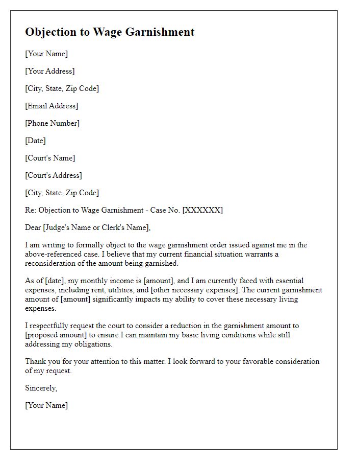 Letter template of objection to wage garnishment arguing for reduced payment.