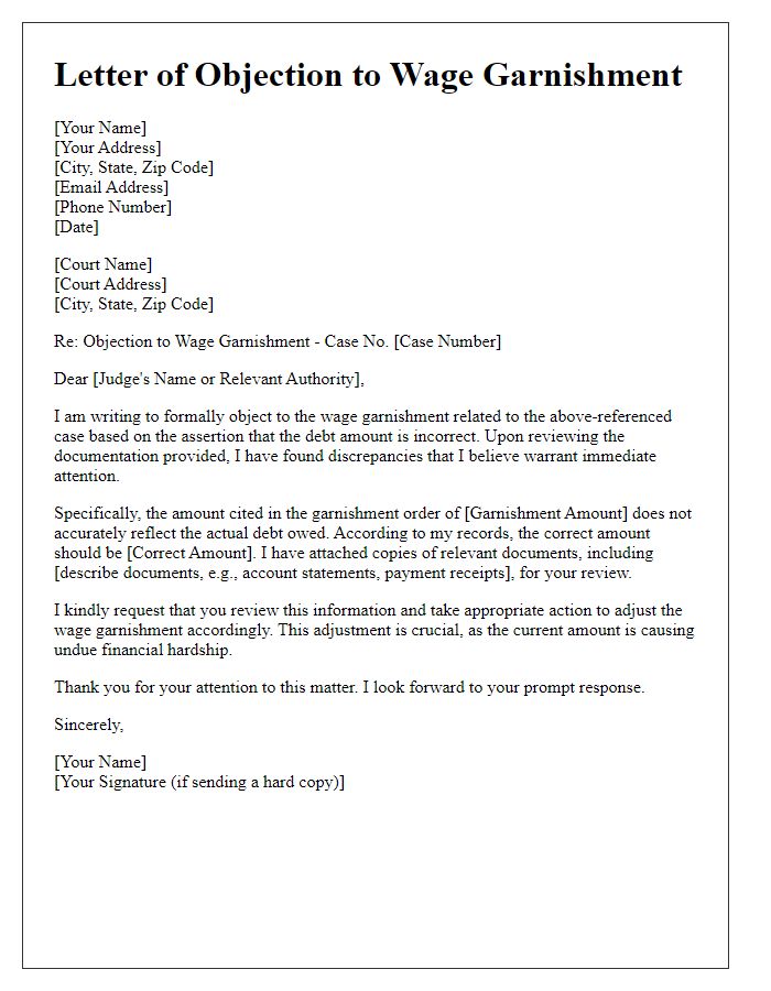 Letter template of objection to wage garnishment based on incorrect debt amount.