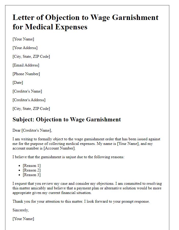 Letter template of objection to wage garnishment for medical expenses.