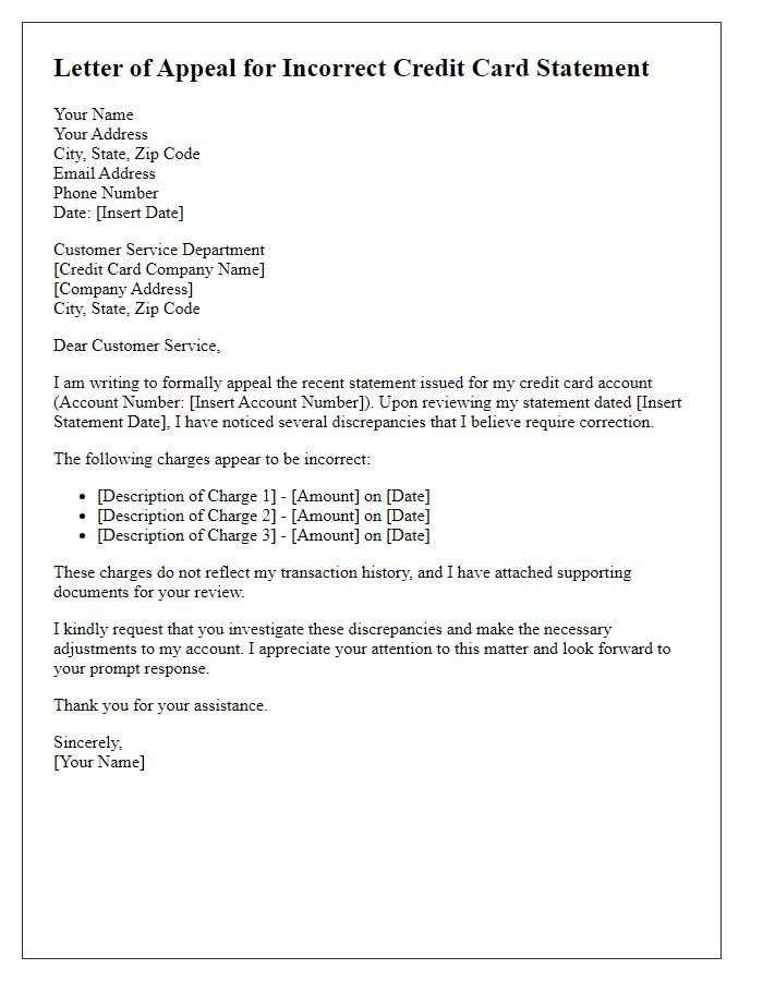 Letter template of appeal for incorrect credit card statement