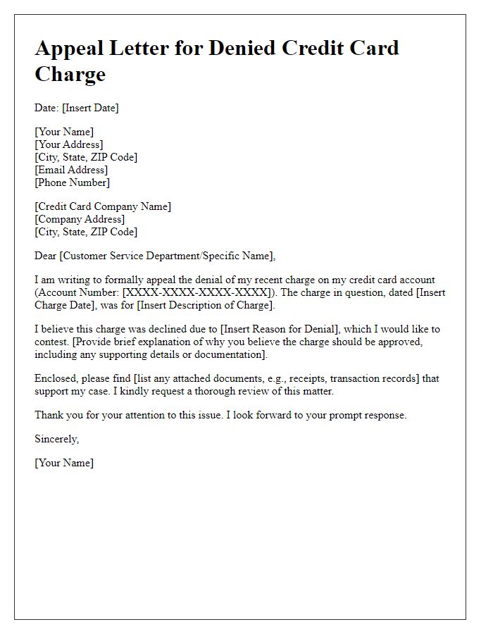 Letter template of appeal regarding denied credit card charge