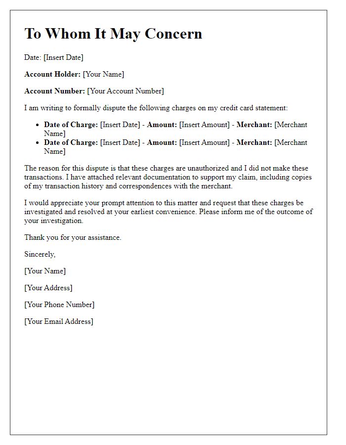 Letter template of challenge to disputed credit card charges