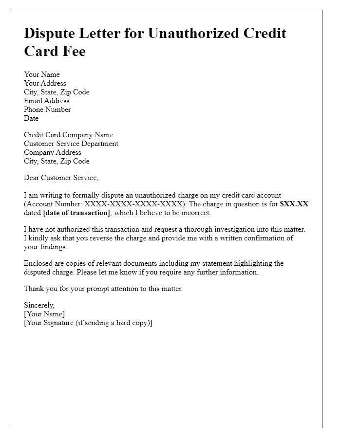 Letter template of dispute filing for unauthorized credit card fee