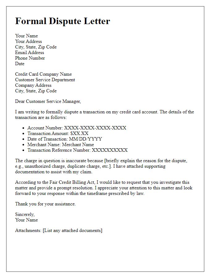 Letter template of formal dispute for credit card transaction