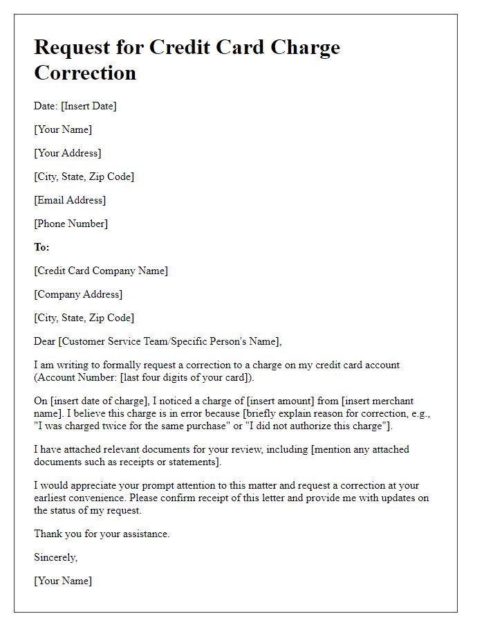 Letter template of request for credit card charge correction