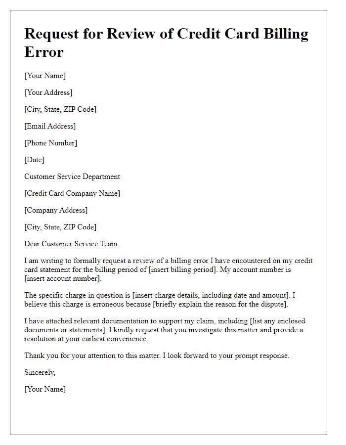 Letter template of request for review of credit card billing error