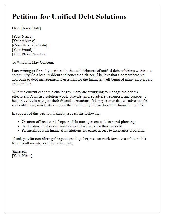 Letter template of petition for unified debt solutions