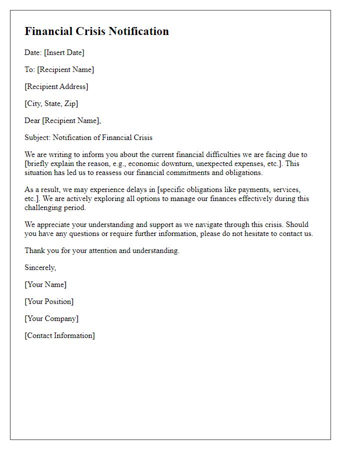 Letter template of financial crisis notification