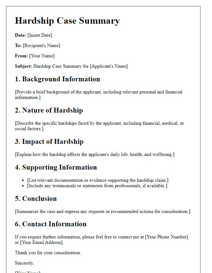 Letter template of hardship case summary