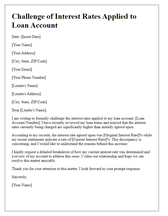 Letter template of challenging interest rates applied to loan account.