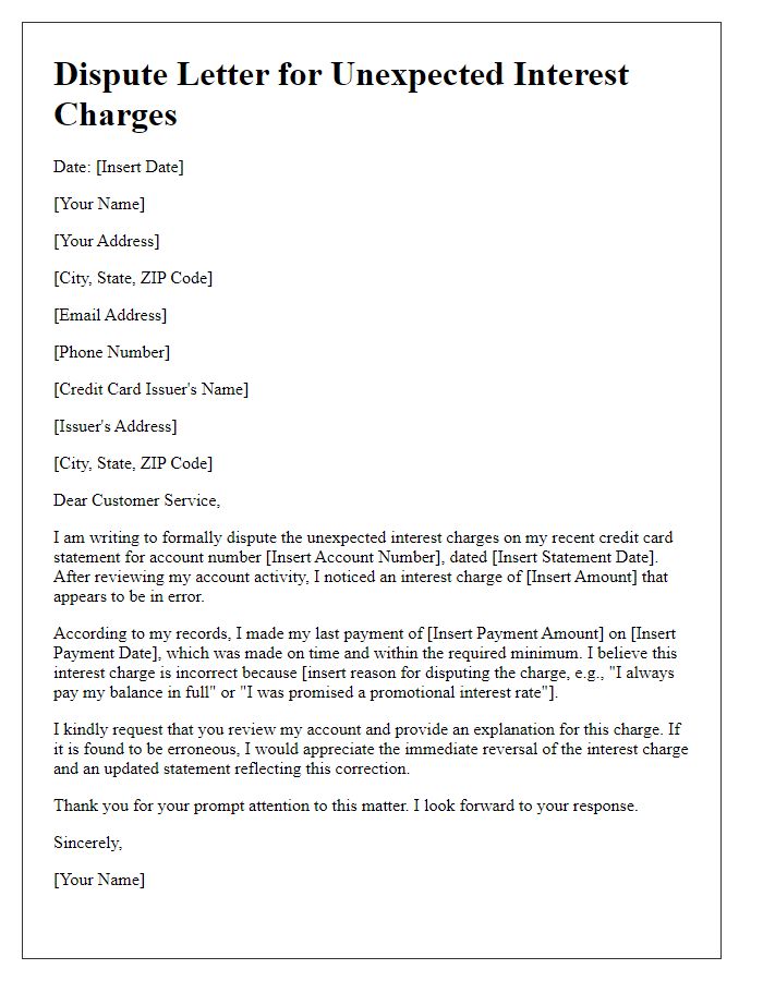 Letter template of disputing unexpected interest charges on credit card statement.