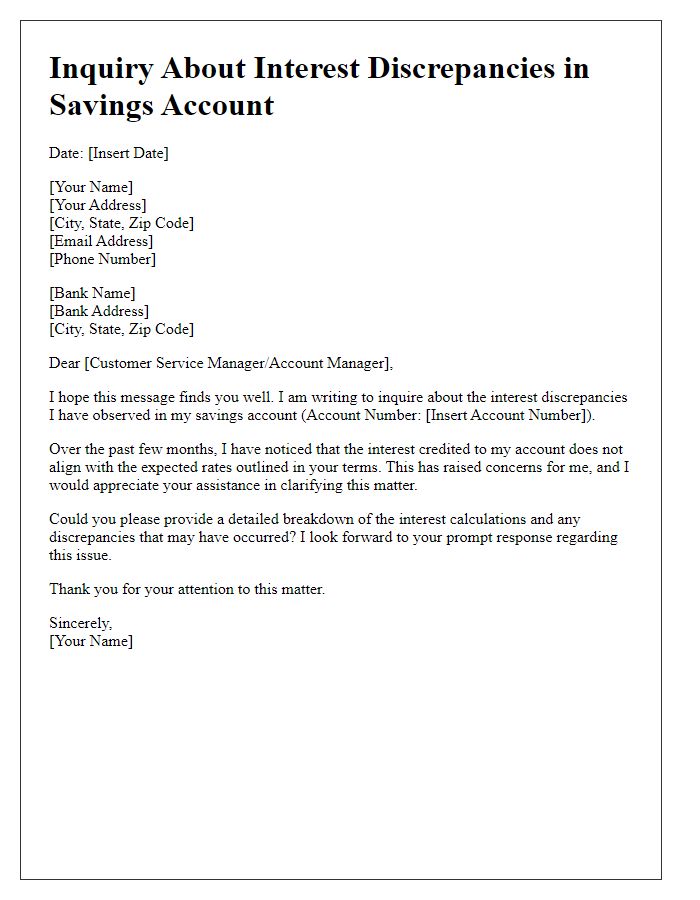 Letter template of inquiring about interest discrepancies in savings account.