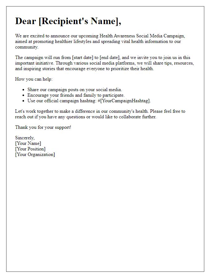 Letter template of health awareness social media campaign