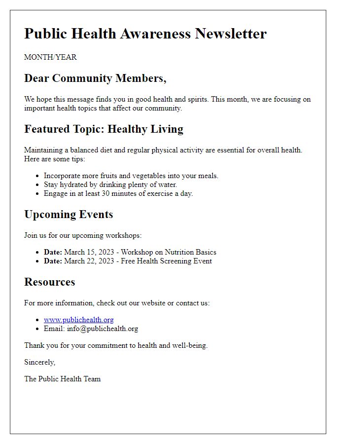 Letter template of public health awareness newsletter