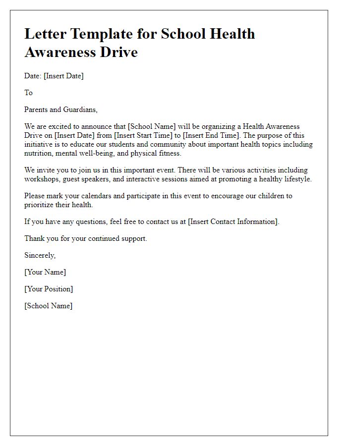 Letter template of school health awareness drive