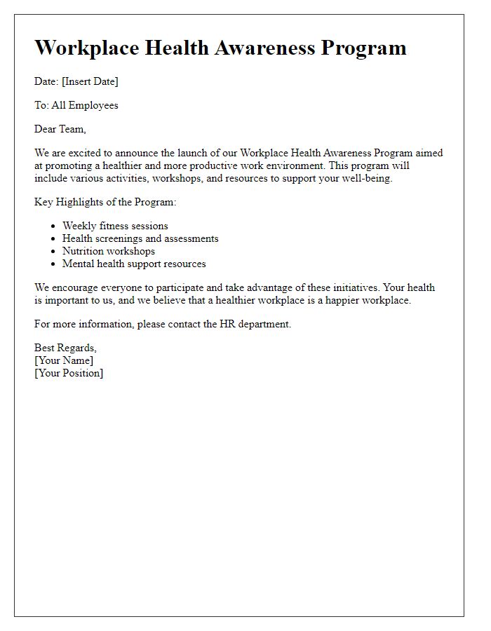 Letter template of workplace health awareness program