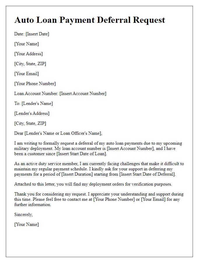 Letter template of auto loan payment deferral for military deployment.