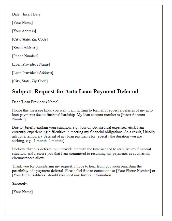 Letter template of auto loan payment deferral request due to financial hardship.