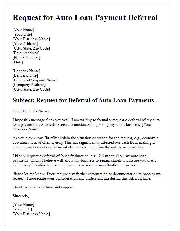 Letter template of auto loan payment deferral for small business impacts.