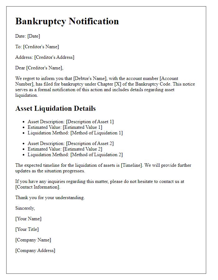 Letter template of bankruptcy notification with asset liquidation details