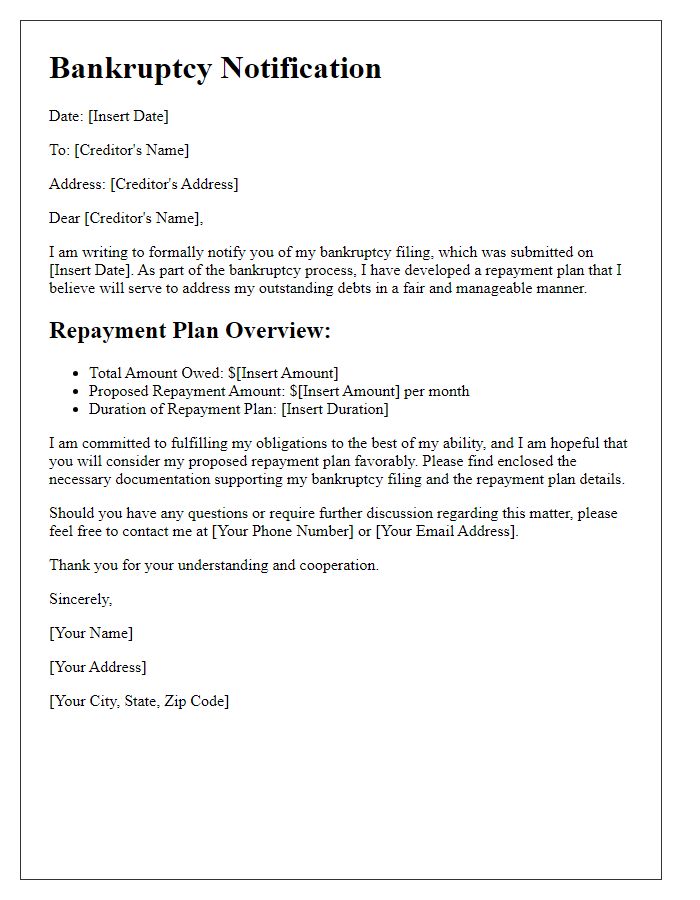 Letter template of bankruptcy notification detailing repayment plans