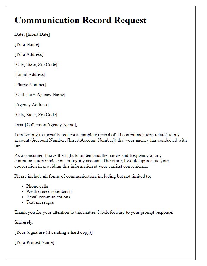 Letter template of communication record request from collection agency.