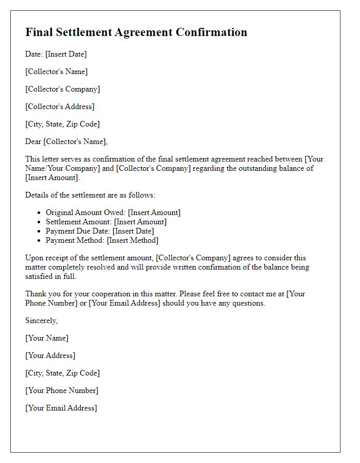 Letter template of final settlement agreement confirmation with collector.