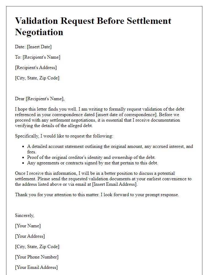 Letter template of validation request before settlement negotiation.