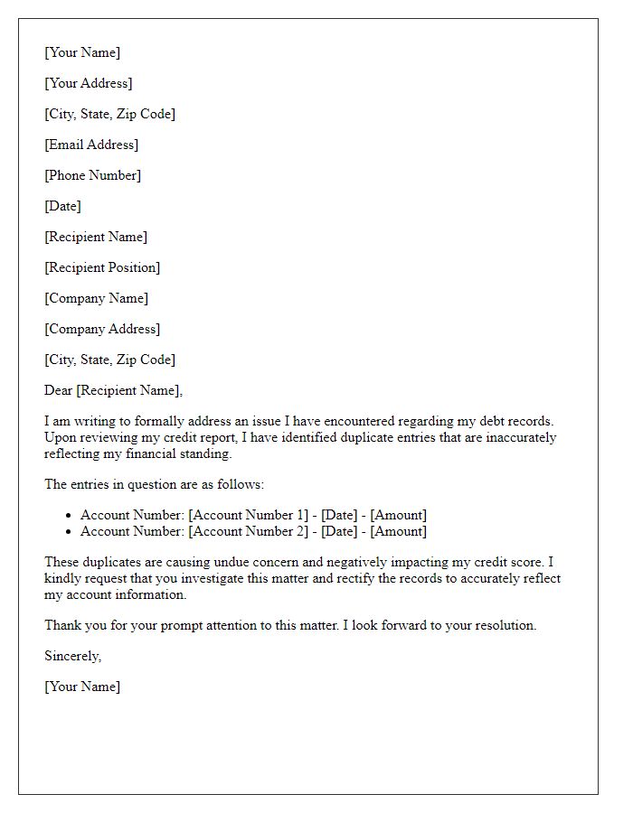 Letter template of addressing errors in debt records for duplicates.