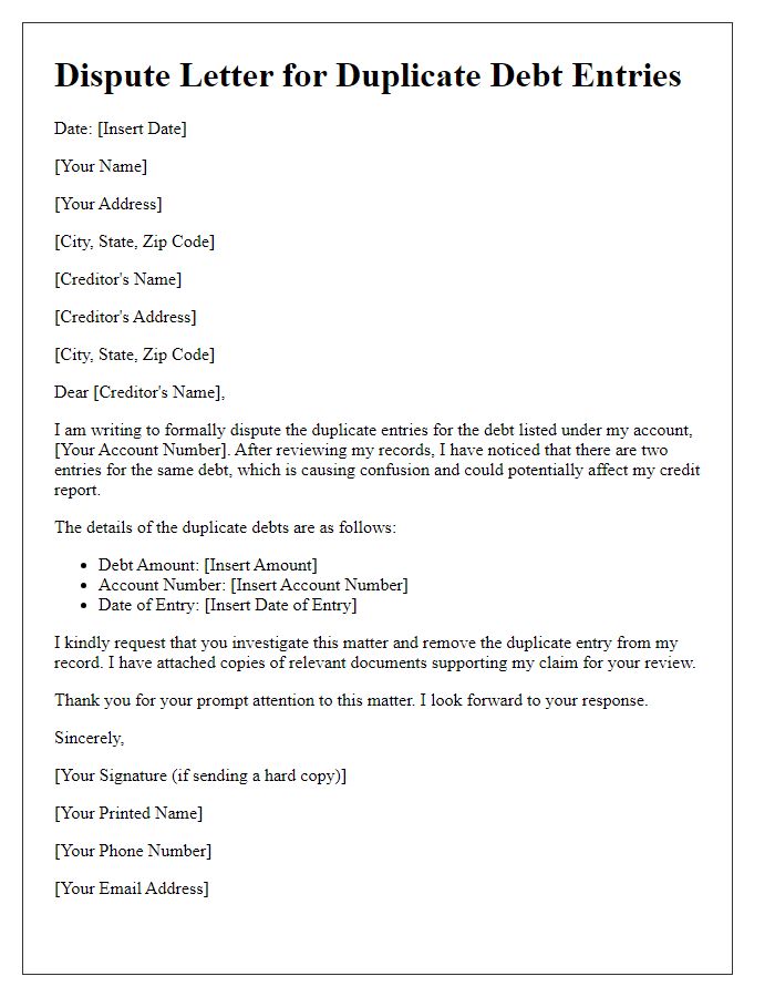 Letter template of disputing duplicate debt entries with creditor.