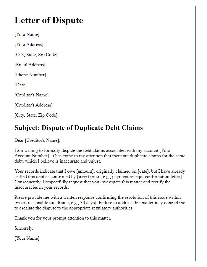 Letter template of formally disputing duplicate debt claims.