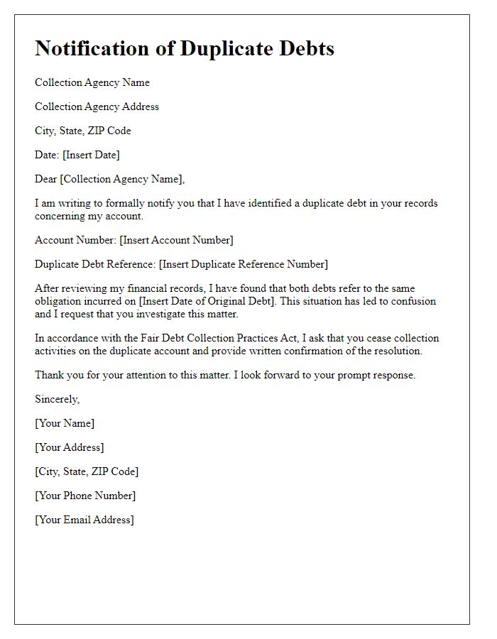 Letter template of notifying collection agency about duplicate debts.