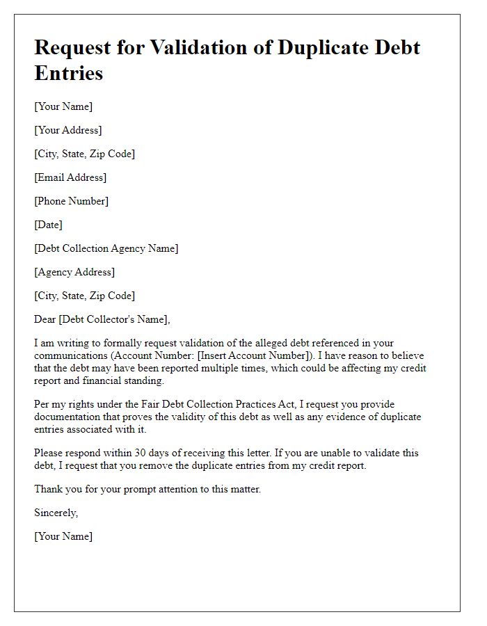 Letter template of requesting validation for duplicate debt entries.
