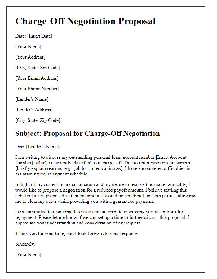 Letter template of charge-off negotiation proposal for personal loans.