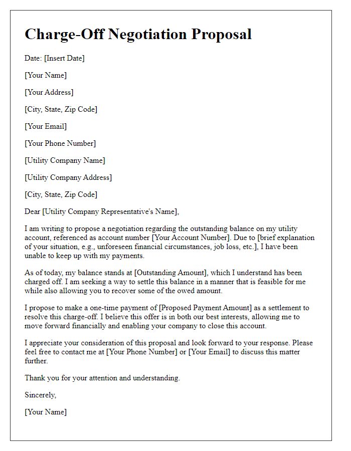 Letter template of charge-off negotiation proposal for utility bills.