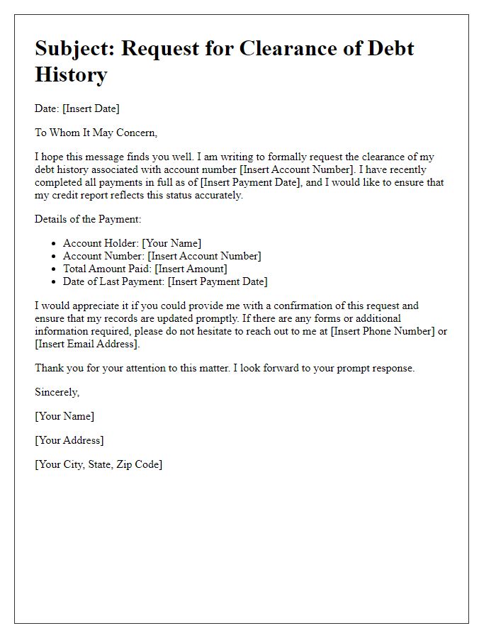 Letter template of communication for clearing debt history after complete payment