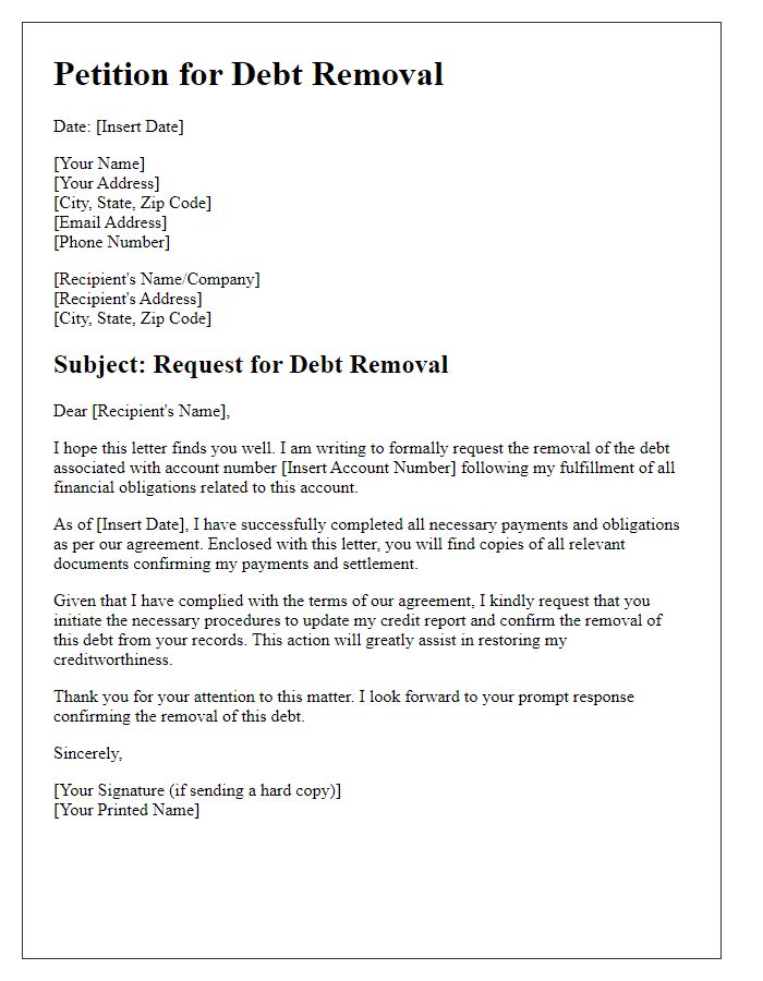 Letter template of petition for debt removal after fulfilling financial obligation